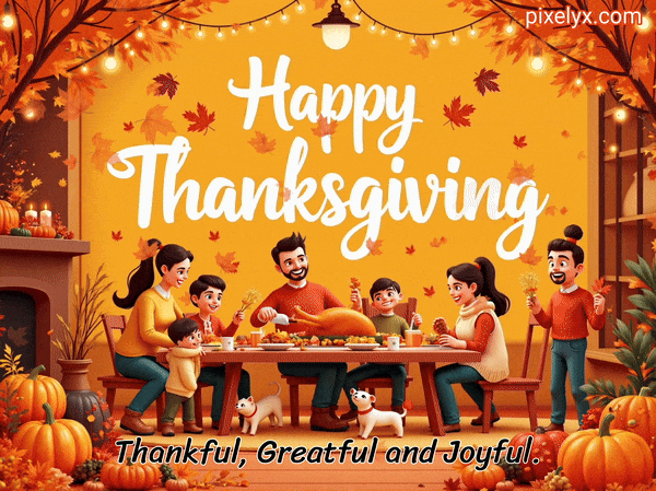 Animated Happy Thanksgiving GIF featuring a cheerful family having Thanksgiving dinner, autumn leaves falling