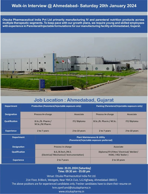 Otsuka Pharma Walk In Interview For Production/ Packing/ Plant Maintenance & Utility