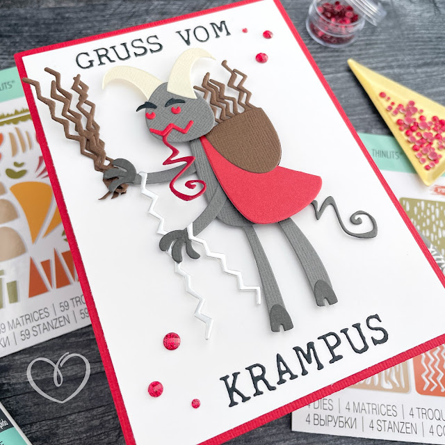 Card with Krampus made of Sizzix die cuts and cardstock with the sentiment "Gruss vom Krampus," or "Greetings from Krampus."