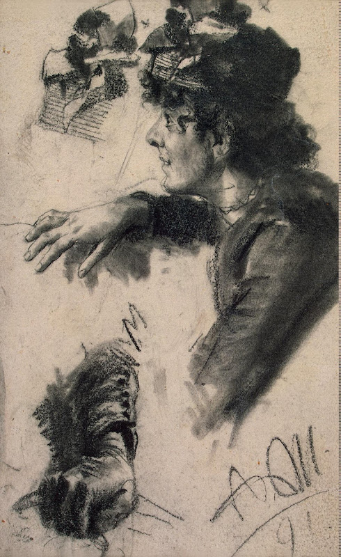 Study of a Female Figure in Profile, with Related Studies of a Hat and Right Hand by Adolph von Menzel - Genre Drawings from Hermitage Museum