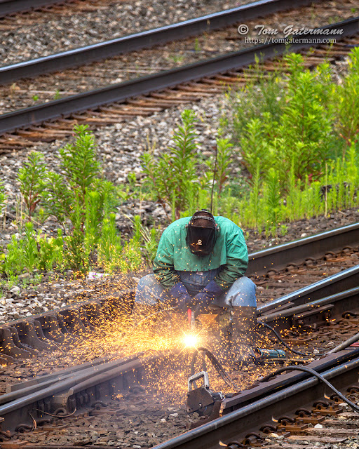 A CSX welder works on a switch frog on the eastern side of DeWitt YardA CSX welder works on a switch frog on the eastern side of DeWitt Yard