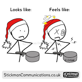 stickman labelled 'looks like' with santa hat, looking sad, holding a saucepan. 2nd stickman labelled 'feels like' - identical to the other, but with zombie eyes, pain zaps, and a dizzy head.