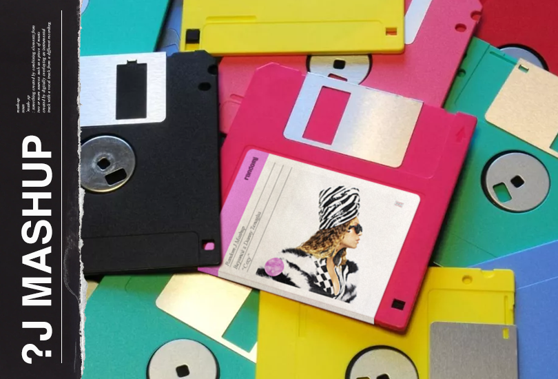 A pile of colourful floppy discs. With one pink disc with a label on it, which features the cover art of my Beyoncé x Jessie Ware mashup. The cover art of which features a shot of Beyoncé wearing a black and white outfit from the Balmain Renaissance couture collection.