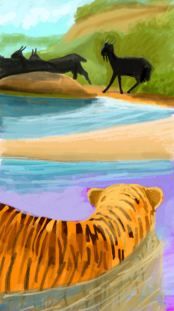 Invisible Hunter: Tiger Lurking Beneath the Water, Watching Herd of Frightened Goats