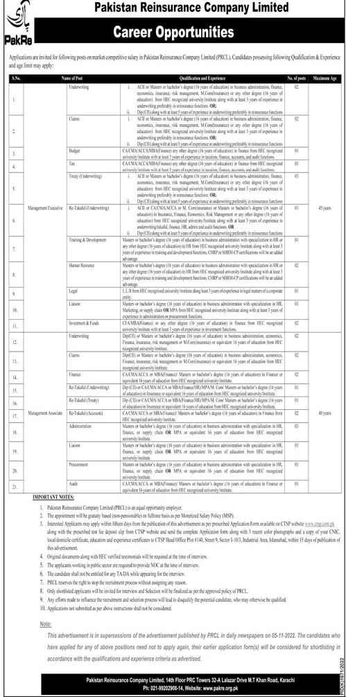 Career Opportunities at Pakistan Reinsurance Company Limited jobs 2022