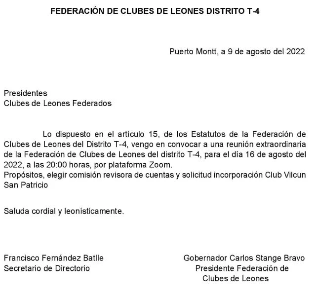 Convocatoria reunión extraordinaria Federación Clubes de Leones Distrito T4