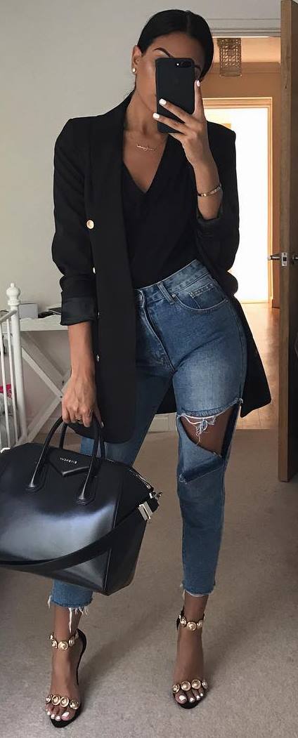 what to wear with ripped jeans : black bazer + top + bag + heels