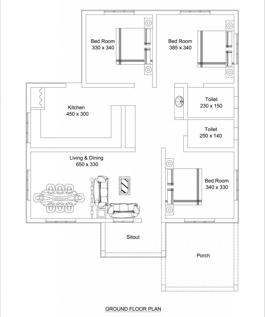 Beautiful Low Cost  3 Bedroom Home  Plan  in 1309 SqFt Free 