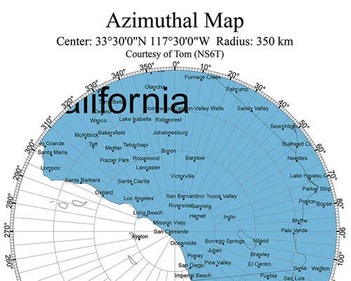 Azimuthal map from Orange County to launch site (Source: Tom at https://ns6t.net/azimuth/)