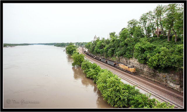 UP 6502 Leads An Empty Coal Train Along The River Bluffs In Jefferson City, MO.