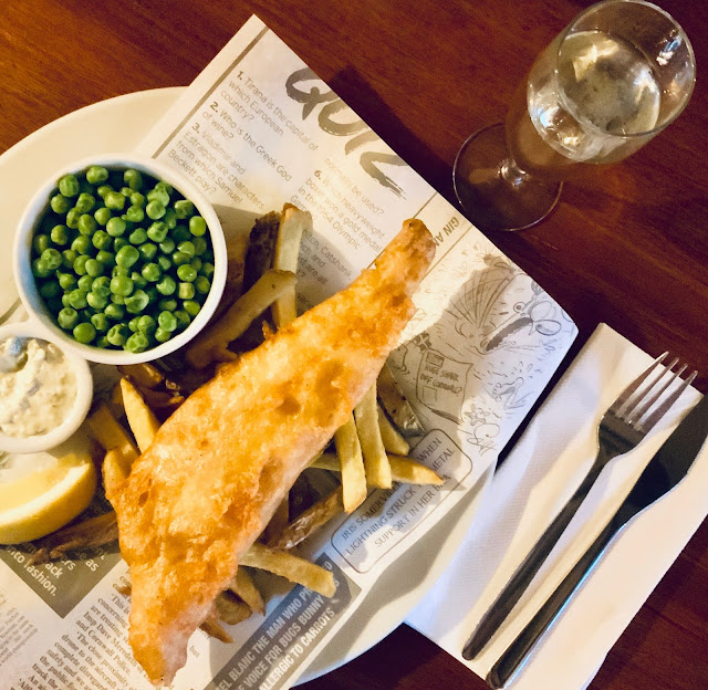 Fish and chips and prosecco from The Full Moon, Hawridge