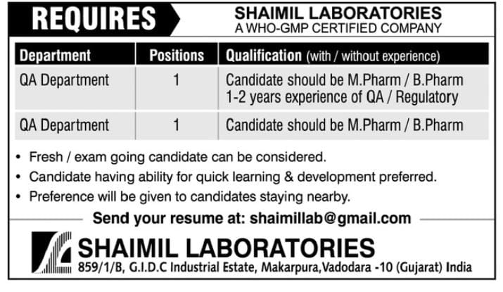 Job Availables,Shaimil Laboratories Job Vacancy For B.Pharm/ M.Pharm