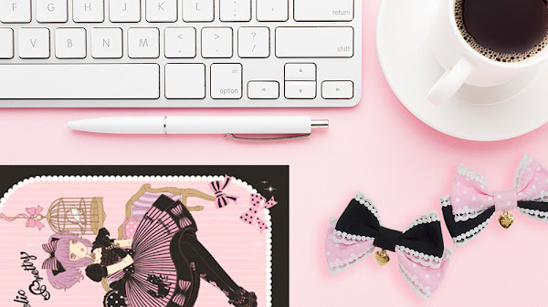 writing inspiration - pink background with a white keyboard, coffee, angelic pretty hairclips and imai kira post card