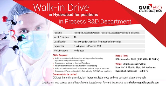 GVK bio | Walk-in for Process RnD on 30 Nov 2019 | Pharma Jobs in Hyderabad