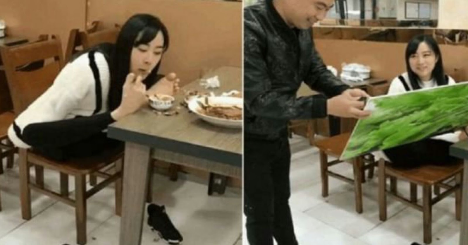 Seorang wanita tanpa  tangan  makan di restoran dan kemudian 
