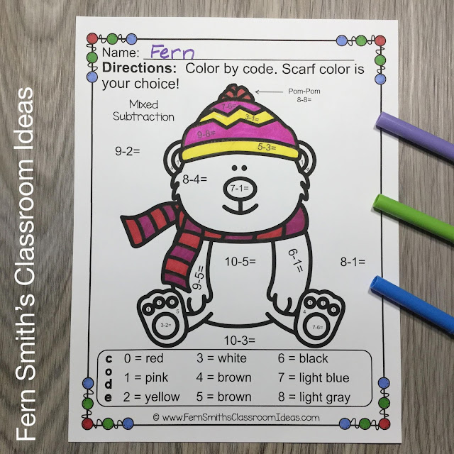 Getting students to review their addition and subtraction facts can be challenging! You will love the no prep, print and go ease of these Winter Color By Number Addition and Subtraction Printable Worksheets Resource BUNDLE.  #FernSmithsClassroomoIdeas