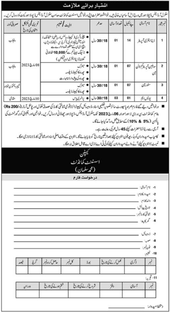 Latest Central Ordnance Depot COD Army jobs Posts Lahore 2023