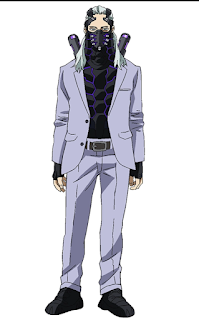 Nine, a tall young man in a business suit jacket and slacks. He has an armored covered chest and mask, with large cylinders sticking from his back.