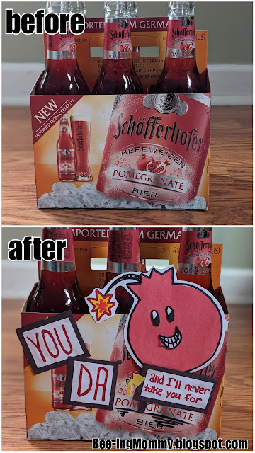 pomegranate beer, decorated beer box, Valentine's gift, Valentine's Day gift, beer gift, fruit puns, cheesy gift, easy gift, cheap gift, you the bomb, I'll never take you for granted, pomegranate sayings, pomegranate puns, Anniversary gift, last minute Valentine's gift, Schofferhofer Hefeweizen Pomegranate Bier