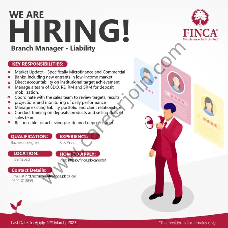 FINCA Microfinance Bank Limited Jobs 2023 - Latest Advertisement