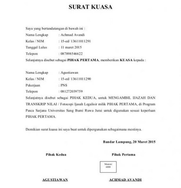 Contoh Surat Kuasa Bermaterai (via: cermati.com)