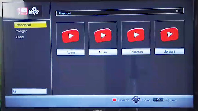 Fitur dan cara menonton di Aplikasi Youtube kids Set Top Box Matrix Apple Kuning DVB-T2 TV Digital