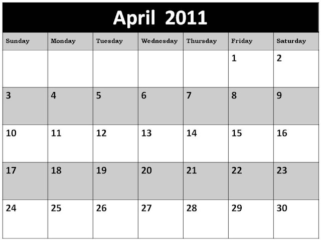 monthly calendar april 2011. April 2011 calendar