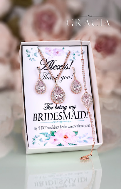 Pink Blush Rose Gold Crystal Bridesmaid Gift Earrings Necklace Jewelry Set