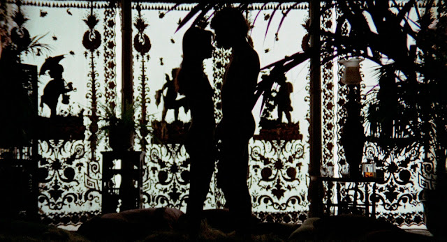 A man and women in silhouette, facing each other, very close together. There is an ornate decorative screen behind in silhouette behind them.