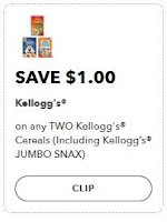 $1.00/2 Kelooggs ceareal (go to kelloggsfamilyrewards.com)