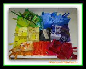 photo of: Rainbow Bulletin Board Assemblage of "UpCycled" Materials (from Bulletin Board Round-UP)