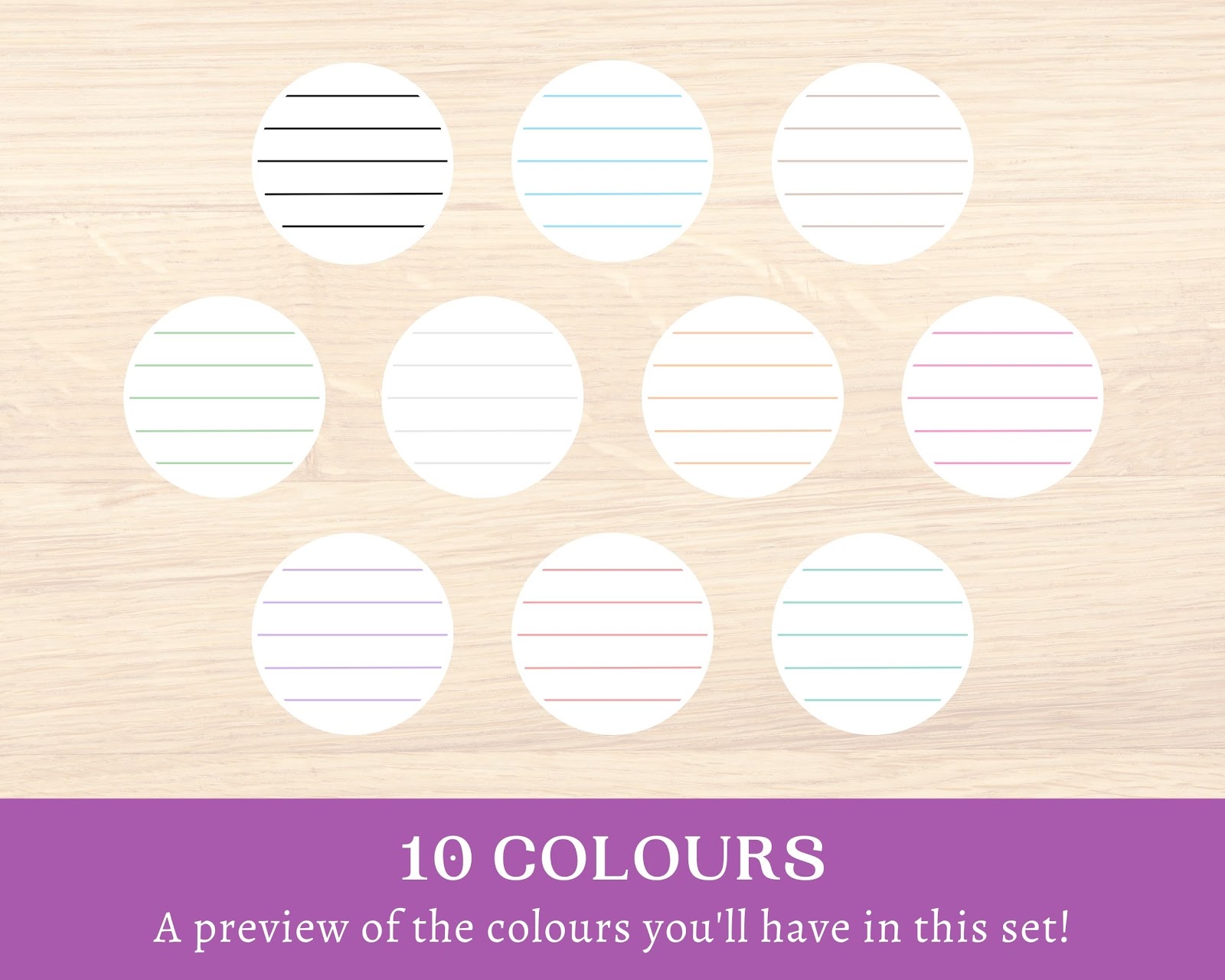 Samples of lines in different colours to show what's in a set of printable lined paper