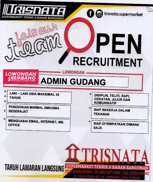 Lowongan Kerja Karyawan Admin Gudang Supermarket Keramik Dan Bahan Bangunan Trisnata Rembang