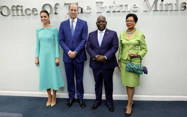 Kate Middleton wore a bespoke aquamarine fitted dress by Emilia Wickstead. Sezane Taylor earrings in turquoise