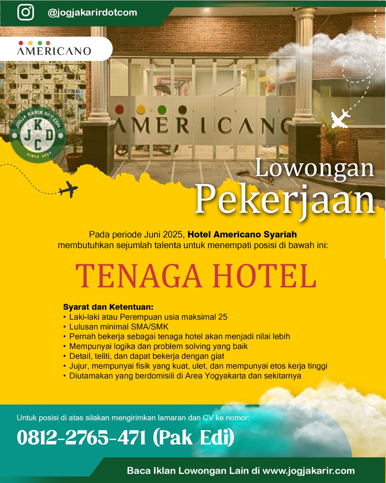 Loker Tenaga Hotel Americano Syariah dan Admin Anak Hebat Clothing di Jogja