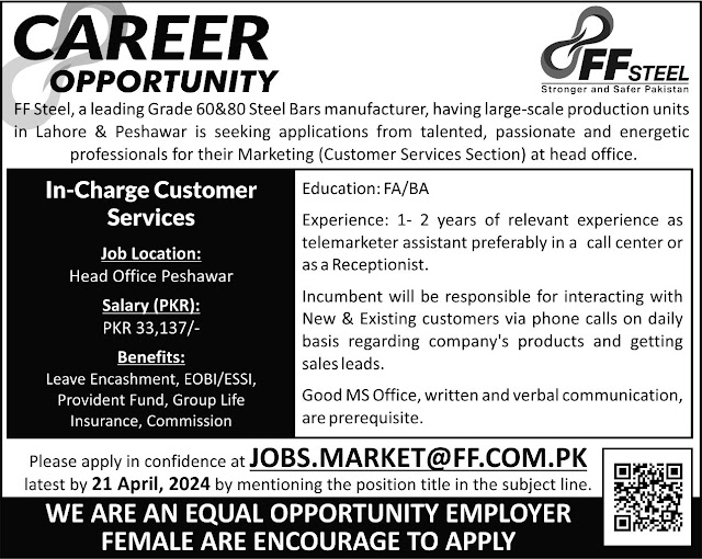 FF Steel Latest Jobs in Peshawar Incharge Customer Services 2024