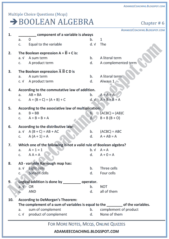 Boolean-Algebra-MCQs-Computer-IX