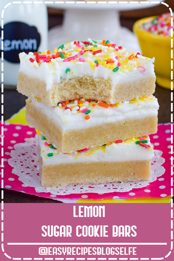 Make and frost these easy Lemon Sugar Cookie Bars in one pan! Lemon Sugar Cookie Bars topped with fluffy lemon frosting and sprinkles are a fun dessert that everyone will love.  Easy treat to make for potlucks, picnics, and parties!!! #EasyRecipesBlogSelfe #easy #Lemon #Cookie #EasyRecipesTreats