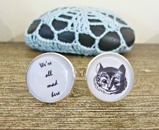 cuff links cheshire cat alice in wonderland quote we're all mad here two cheeky monkeys for him