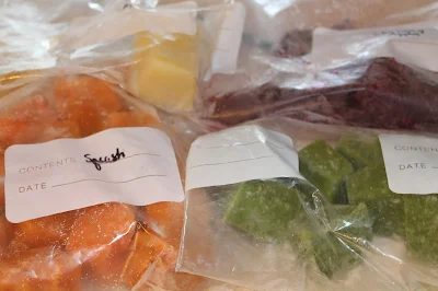 Ice cubes of different baby foods frozen and placed into freezer bags for storage.