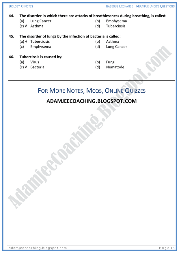 gaseous-exchange-mcqs-biology-11th