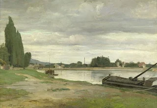 Paisaje de río con barcaza amarrada de Charles-François Daubigny