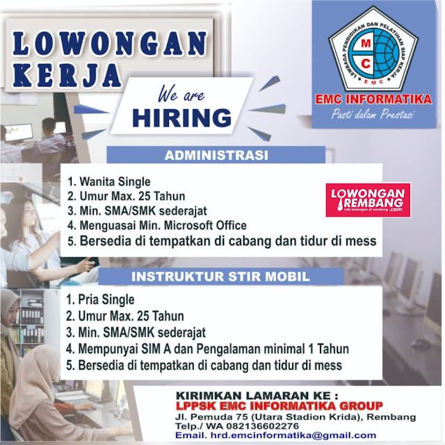 2 Lowongan Kerja Pegawai Instruktur Mobil dan Admin EMC Informatika Rembang
