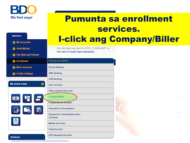 Do you have a BDO Account? Do you know that you can use it to pay your utility bills, credit card, loan amortizations and more?  Whether you want to pay your electric, telephone or water bill, you can now do it in the convenience of your own home. All you need is a working computer or a smartphone where you can have an internet access.  Advertisement         Sponsored Links        Which bills/merchants can I pay online?   There are over 300 billers you can pay through BDO Online Banking.     You can select from a complete list displayed in the drop-down menu located in the Bills Payment screen.        The cut-off time for immediate Bills Payments is 10pm.   All transactions made after the cut-off time and during weekends and holidays are subject to verification and will be considered transactions for the next banking day.       How do I enroll bills/merchants online?      To enroll a bill, select: Enrollment Services > Company/Biller > Enroll Enter the account number indicated in the bill as the subscriber number.   You can immediately pay your bills after enrollment.   The cut-off time for immediate Bills Payments is 10pm.   All transactions made after the cut-off time and during weekends and holidays are subject to verification and will be considered transactions for the next banking day.       How do I enroll my Meralco bill online?       To enroll Meralco, select: Enrollment Services > Company/Biller >           Enroll > Meralco       Enter the first 11 digits of the ATM/Phone Reference Number as the subscriber number. This is found in the lower left portion of your billing statement.         How do I pay Meralco bills?   Select Meralco in the drop-down list for "Pay this company/biller".      Enter the last 5 digits of the ATM/Phone Reference Number found on the lower left portion of your billing statement. Fill out the form and submit.       Note: System only accepts Meralco payments on or before the due date.       How do I pay billers/merchants that are not enrolled?     Click on "Pay a company/biller that is not yet enrolled".     Select any biller in the drop-down list after "Company/biller not requiring enrollment".   Enter the account number indicated on your billing statement as the subscriber number.   Fill out the form and submit.   You may also save this biller as an enrolled biller by Clicking on "Conforme".       How do I pay E-CENSUS (UNISYS) bills?     Select "E-CENSUS (UNISYS)" in your list of billers in the drop-down list for "Pay this company/biller".   This biller does not require enrollment.     Take note of the following when paying this biller:     1.) Enter the Total Amount Due when you are paying for all requests in a batch   2.) Enter the Amount Due to the request when you are paying for a particular request only   3.) Enter the Batch Request Number or Request Reference Number as the Subscriber No.   4.) Enter the Batch Request Number when you are paying for all requests in a batch   5.) Enter the Request Reference Number when you are paying for a particular request only     *Prior to confirming your payment, double-check the amount and the Subscriber Number that you entered against the e-Census document (Acknowledgement page/email/printout).    READ MORE: AFP Personnel To Get MRT Free Ride Starting April 25; Workers On Labor Day    Recruiters With Delisted, Banned, Suspended, Revoked And Cancelled POEA Licenses 2018    List of Philippine Embassies And Consulates Around The World    Classic Room Mates You Probably Living With   Do Not Be Fooled By Your Recruitment Agencies, Know Your  Correct Fees    Remittance Fees To Be Imposed On Kuwait Expats Expected To Bring $230 Million Income    TESDA Provides Training For Returning OFWs   Cash Aid To Be Given To Displaced OFWs From Kuwait—OWWA    Former OFW In Dubai Now Earning P25K A Week From Her Business    Top Search Engines In The Philippines For Finding Jobs Abroad    5 Signs A Person Is Going To Be Poor And 5 Signs You Are Going To Be Rich