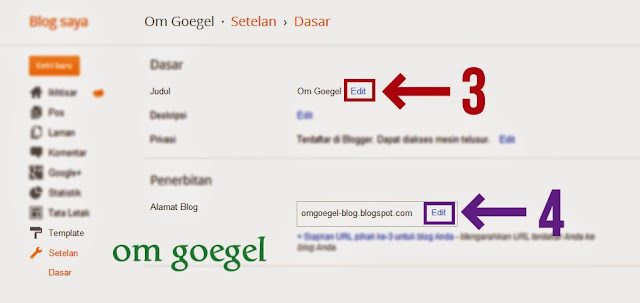 Edit Judul/ Title Blog (nomor 3) Edit Alamat/ address blog (nomor 4)