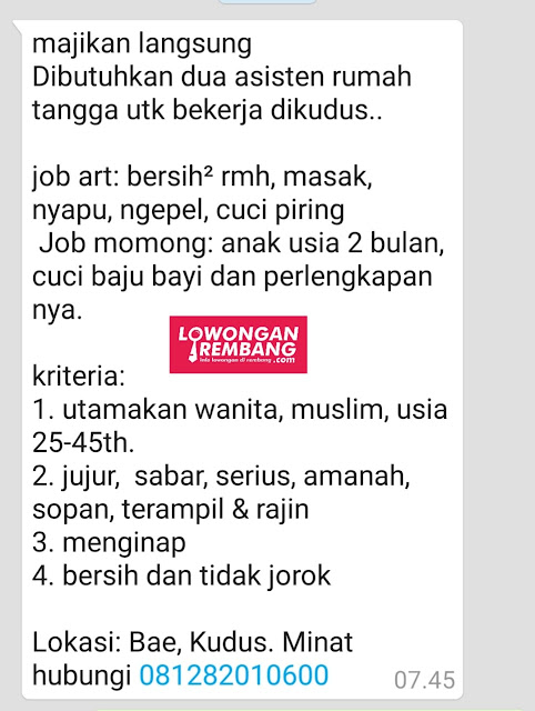 2 Lowongan Kerja Asisten RUmah Tangga Kudus Tanpa Syarat Pendidikan