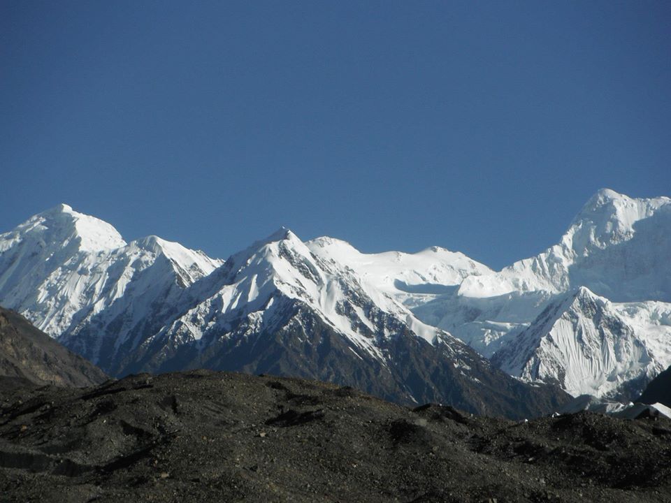 Shimshal Whitehorn 6400 m Left, Mad Hel Sar 6200 m Middle Yazghil Doms 7559 m and Distaghil Sar 7885 m right Shimshal, Gojal Hunza. peak in Hispar muztagh