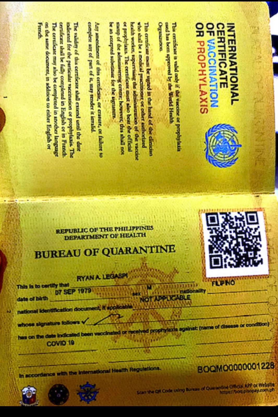 BOQ COVID19 Yellow Vaccine Card Bureau of Quarantine Philippines
