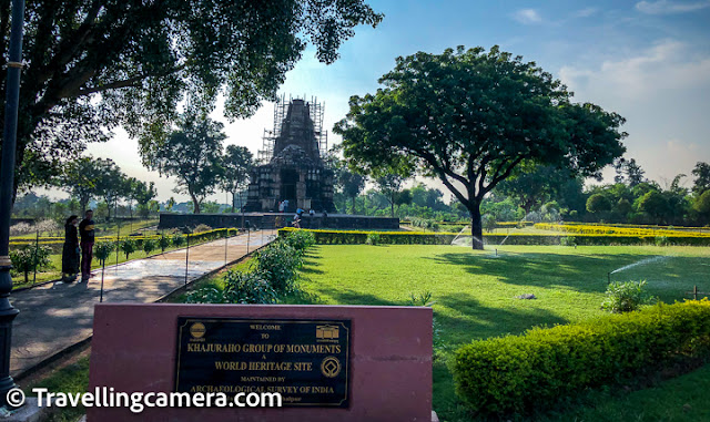 The second temple in the Southern Group of Temples is the Dulhadeo temple. When we visited the temple it was under restoration, so we weren't able to look at the temple up close, but even from the distance the temple looked quite majestic standing alone amid vast lawns.   The Dulhadeo temple's name means "divine bridegroom". The temple is 2.1km from the Western Group of Temples and 1.6km from the Chaturbhuj temple, the second temple of the Southern Group of Temples. The approach road to this temple is a tough ride.