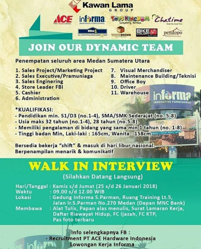 Lowongan Kerja PT ACE Hardware - Walk In Interview Medan 